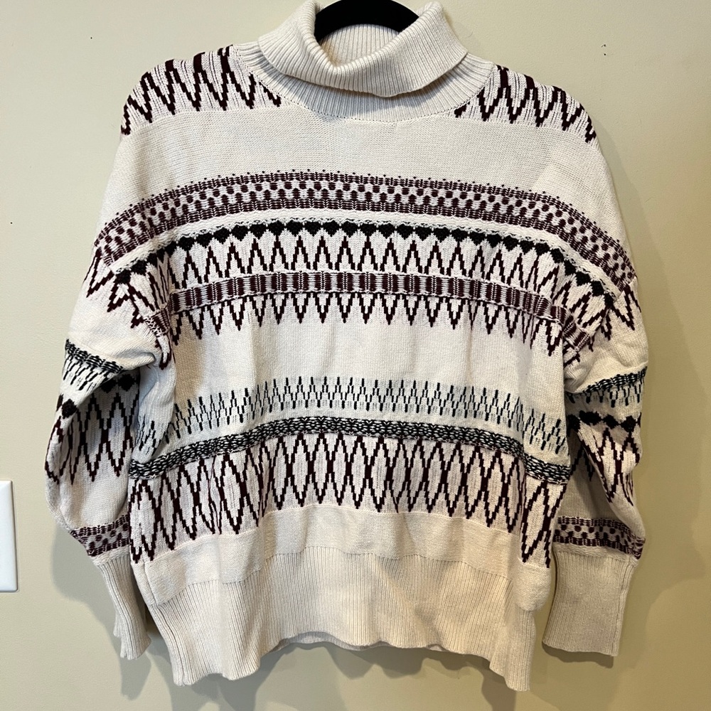 Cream & Maroon Patterned Turtleneck Sweater- Size Medium